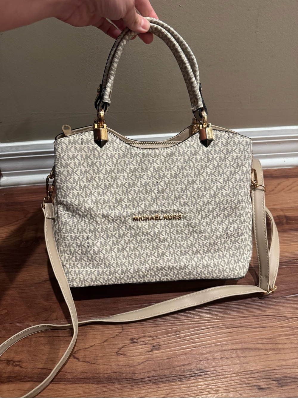 Michael Kors Cream/Tan Logo Satchel with Gold Hardware